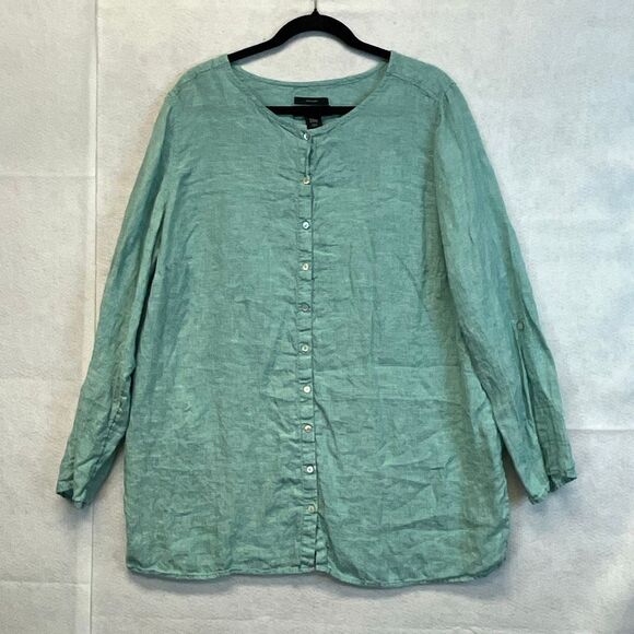 TAHARI Women’s Linen Button Front Tunic Top 2X Teal Green Long Sleeve Blouse - Picture 2 of 13